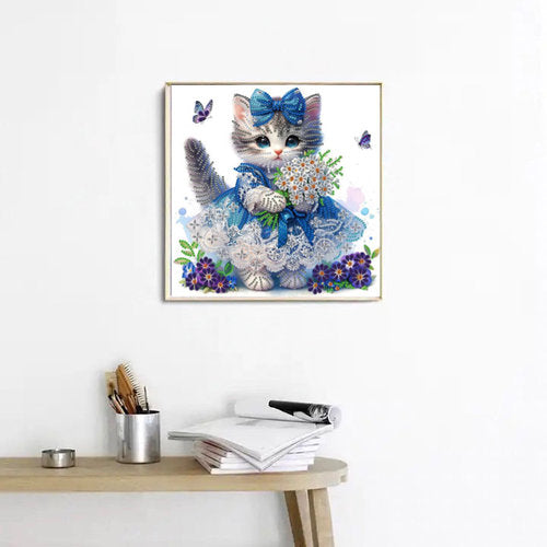 Diamond Painting Teilbild Katze mit blauer Schleife